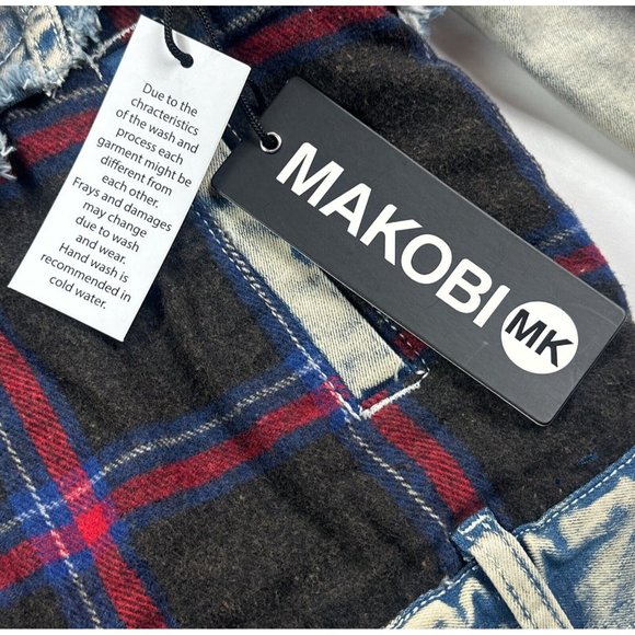 Makobi Mens Small Blue Plaid Full Zip Denim Jean Sherpa Jacket Distressed M1035 - Picture 7 of 11